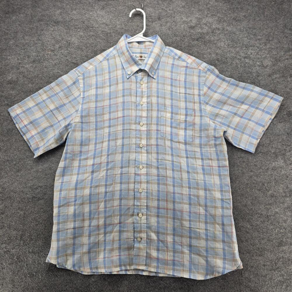 Alan Paine Shirt Mens Medium Blue Plaid Linen Button Down Short Sleeve Casual